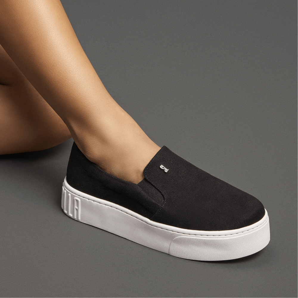 Tênis Slip On Plataforma Suede Preto