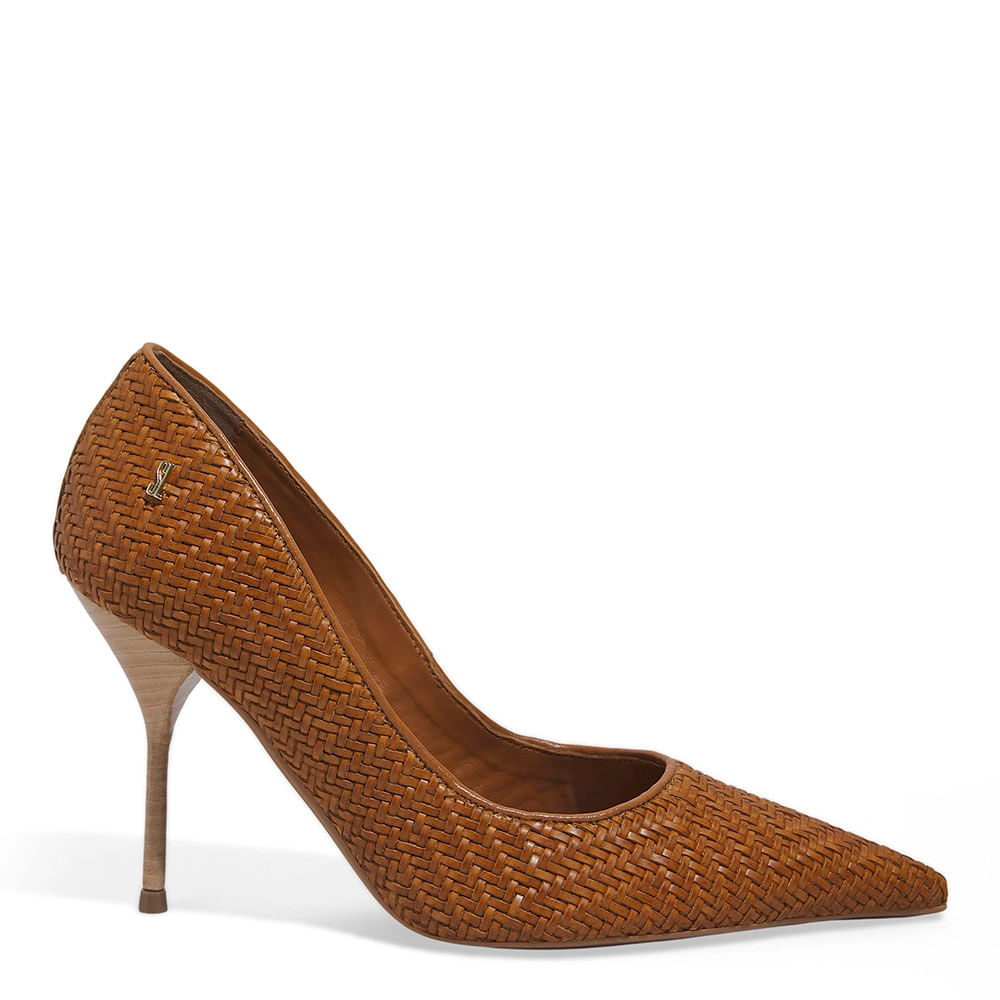 Scarpin Tressê Bico Fino Caramelo Salto Agulha