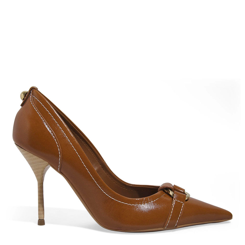 Scarpin Couro Pespontos Marrom Safari Fivela