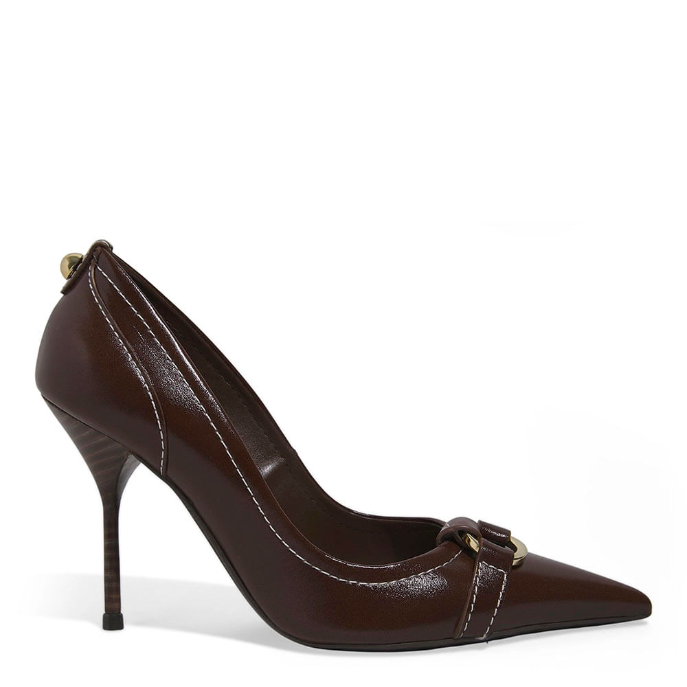 Scarpin Couro Pespontos Marrom Dark Fivela