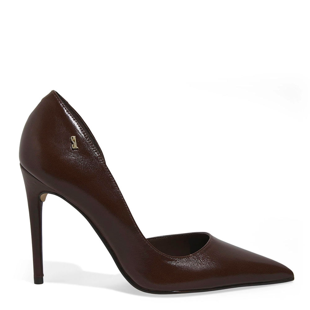 Scarpin Couro Recorte Marrom Dark Salto Alto