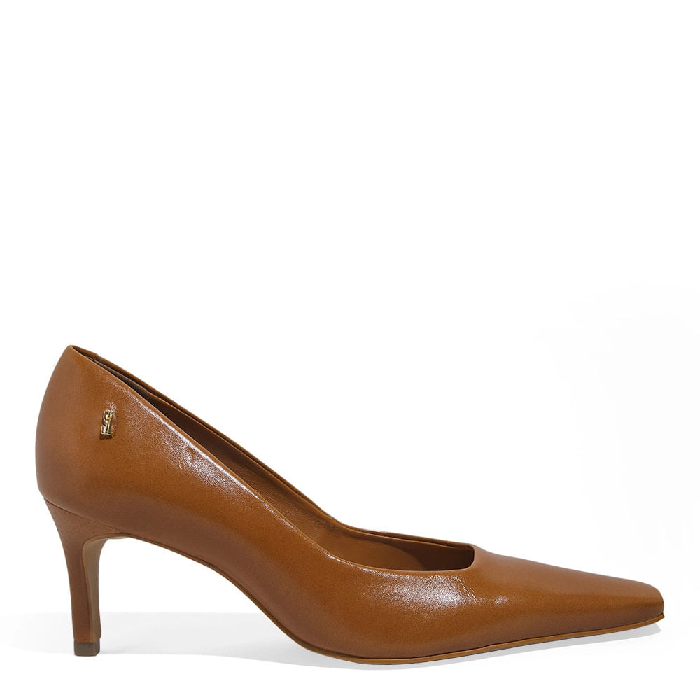 Scarpin Couro Confort Bico Quadrado Salto Fino Marrom Doce De Leite