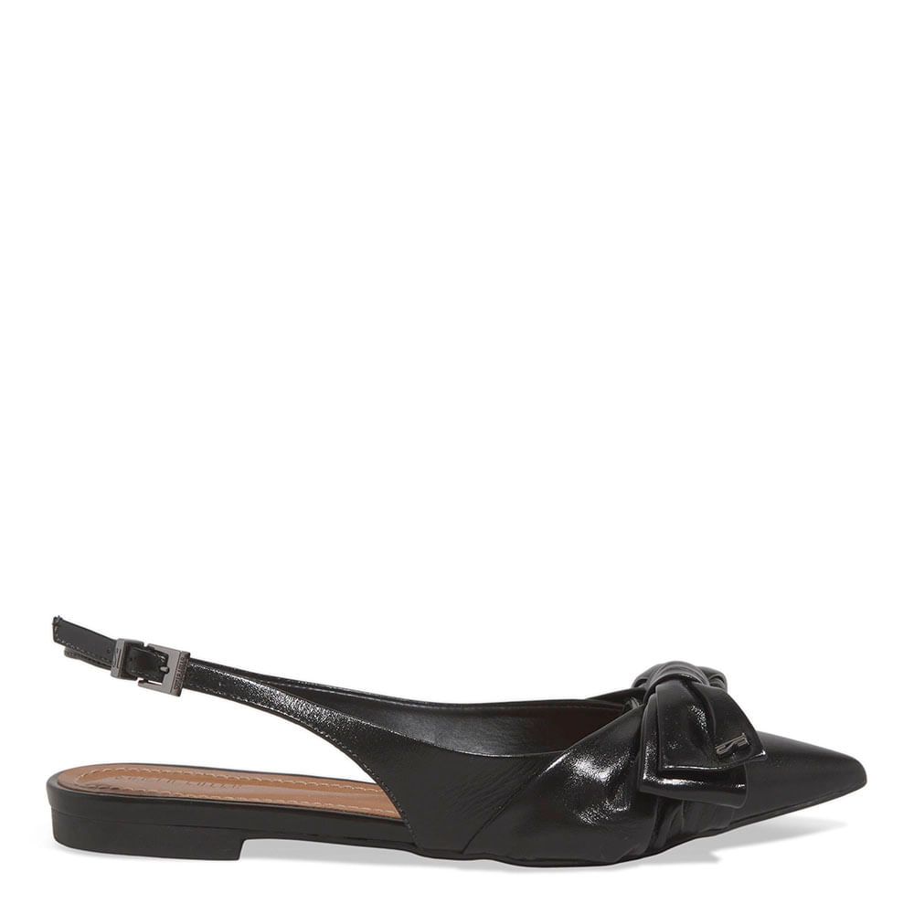 Sapatilha Slingback Couro Preto Bico Fino Laço