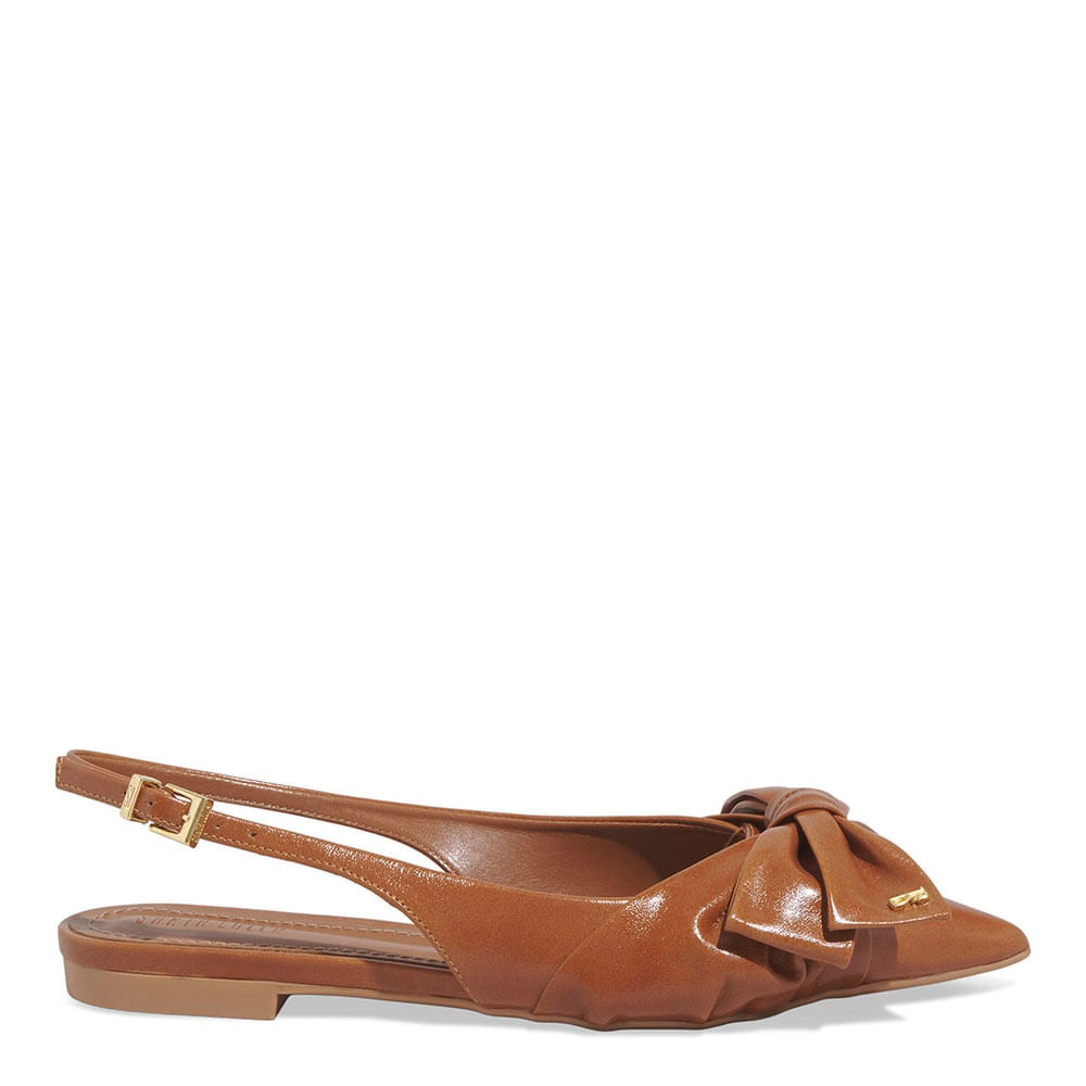 Sapatilha Slingback Couro Caramelo Bico Fino Laço