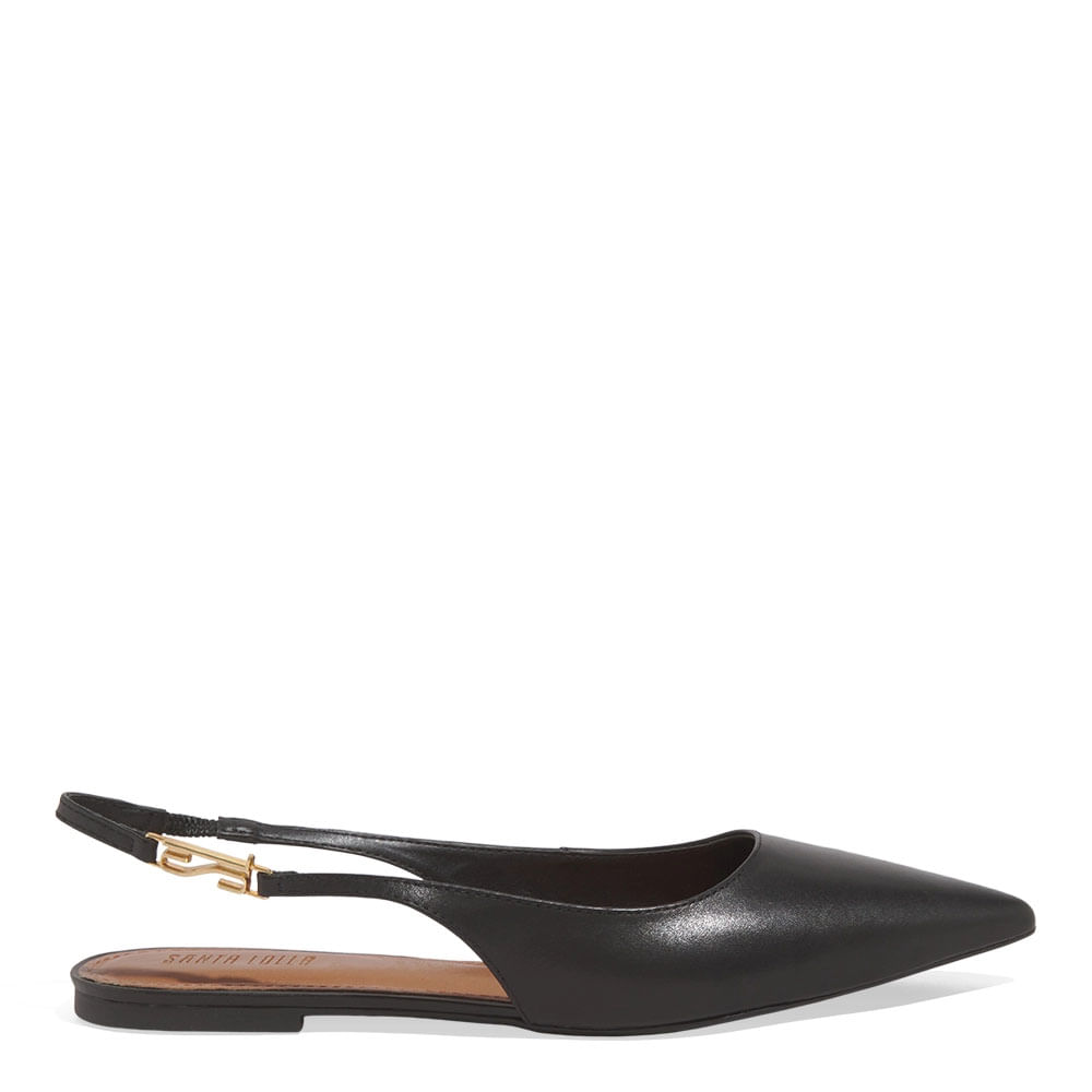 Sapatilha Slingback Couro Bico Fino Preto Liso