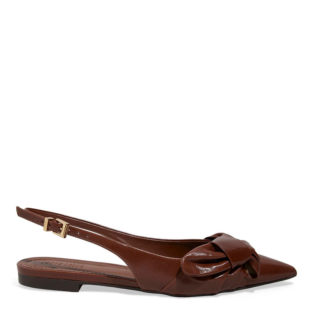 Sapatilha Slingback Couro Bico Fino Laço Marrom