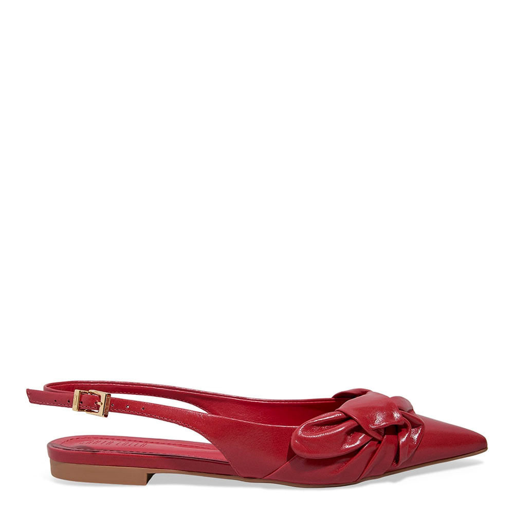 Sapatilha Slingback Couro Bico Fino Laço Vermelho