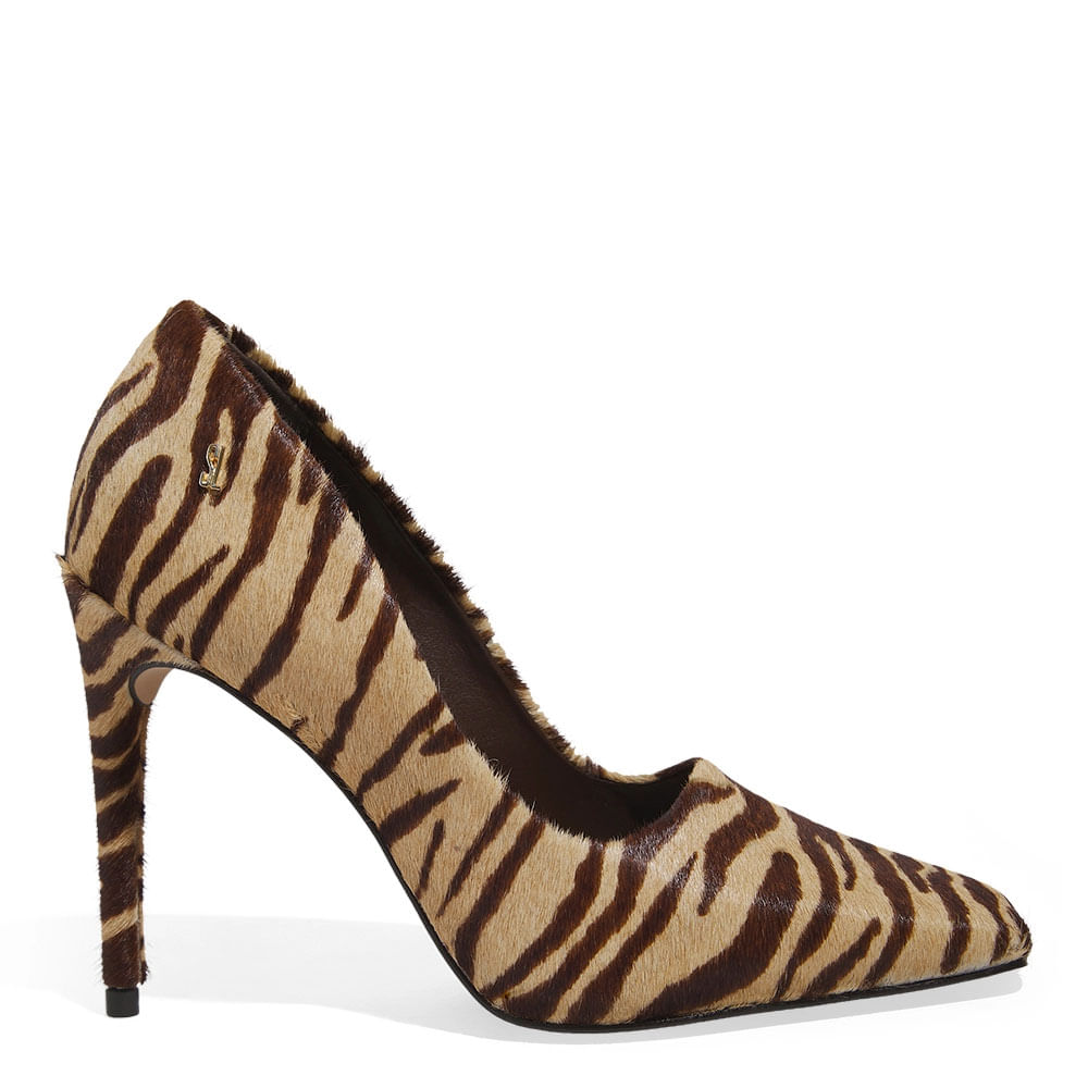 Scarpin Couro Pelo Bico Quadrado Salto Fino Animal Print Zebra
