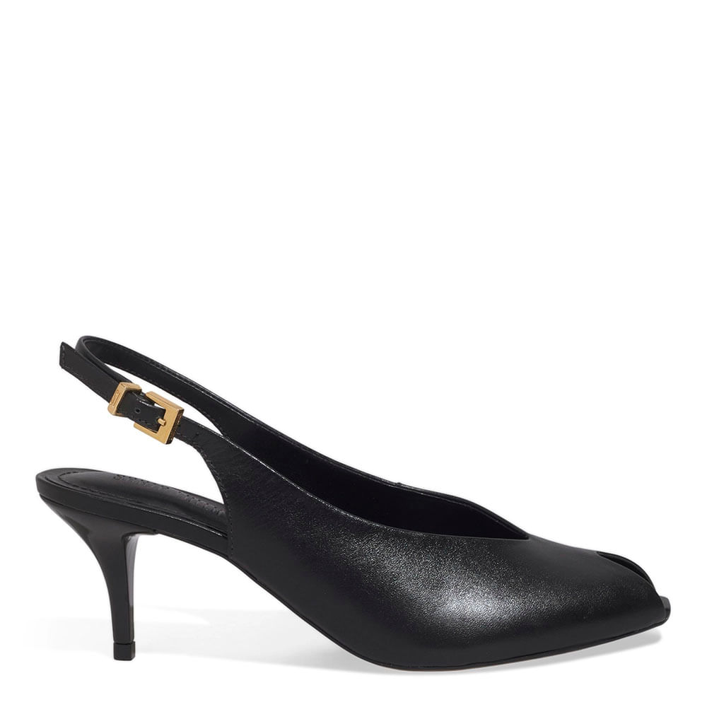 Peep Toe Slingback Couro Soft Salto Baixo Preto
