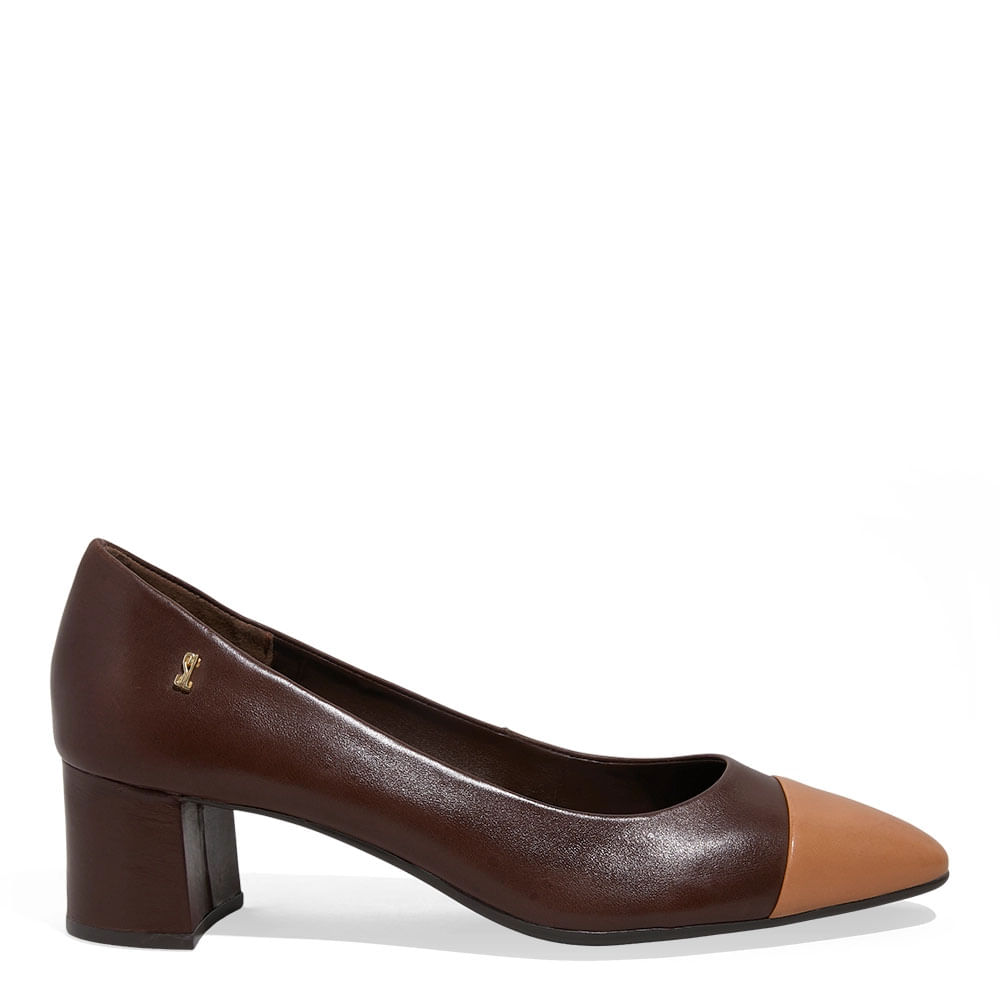 Scarpin Boneca Couro Nobre Soft Salto Grosso Marrom Dark Cocoa