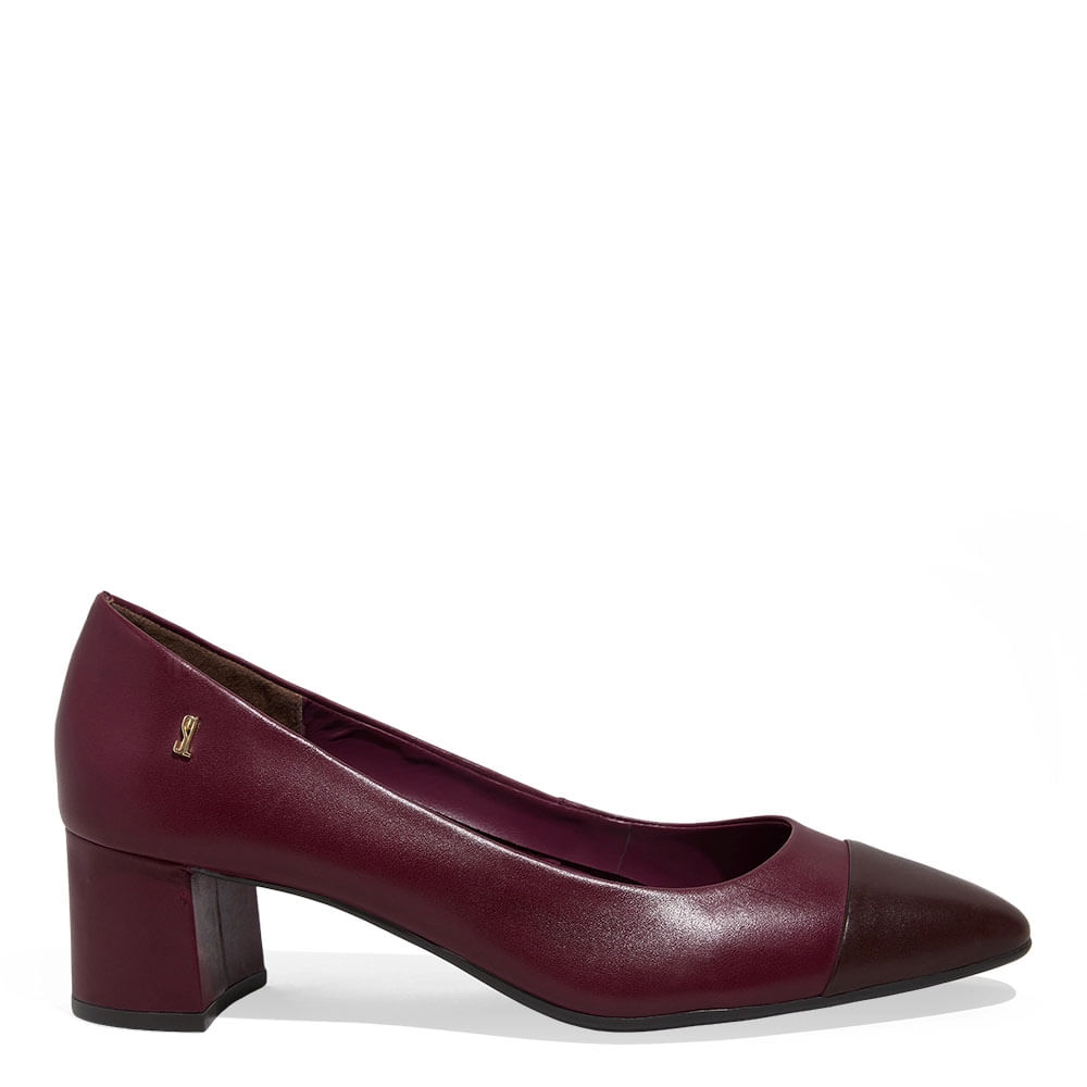 Scarpin Boneca Couro Nobre Soft Salto Grosso Roxo Beterraba