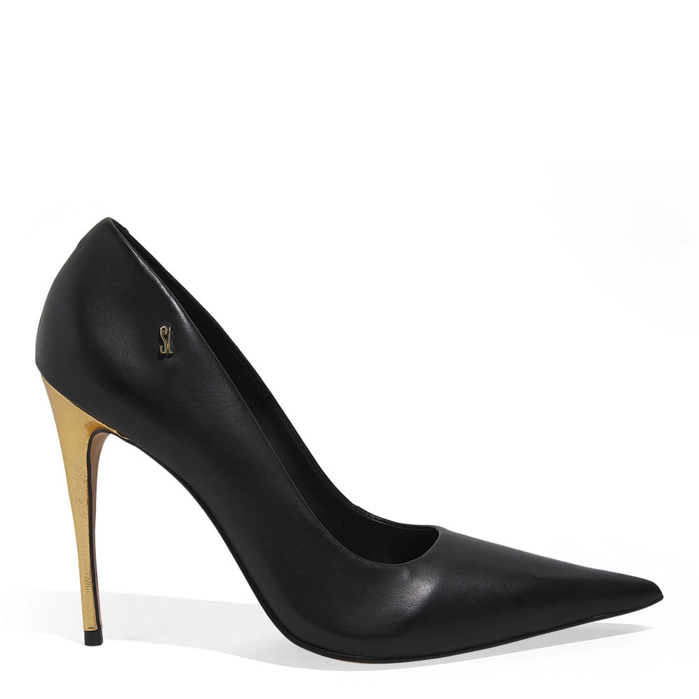 Scarpin Couro Pelica Soft Preto Salto Alto Dourado