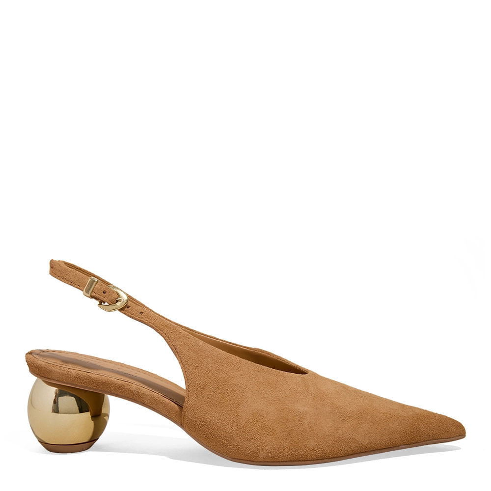 Scarpin Slingback Couro Camurça Salto Esfera Caramelo Doce De Leite