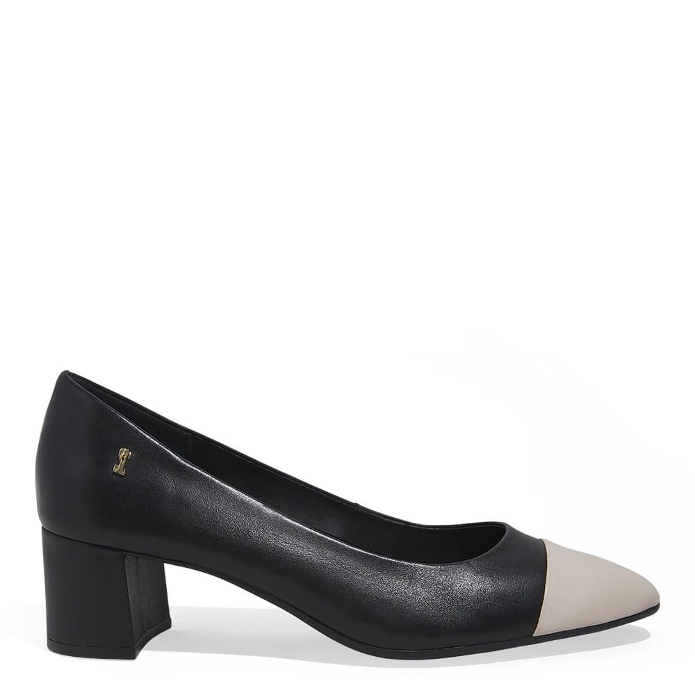 Scarpin Boneca Couro Nobre Soft Salto Grosso Preto