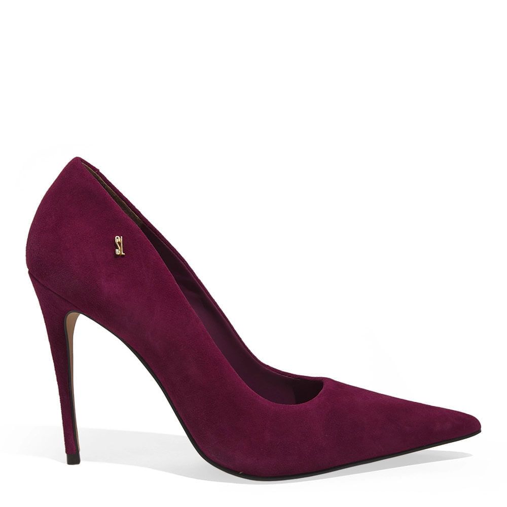 Scarpin Couro Camurça Salto Fino Roxo Beterraba