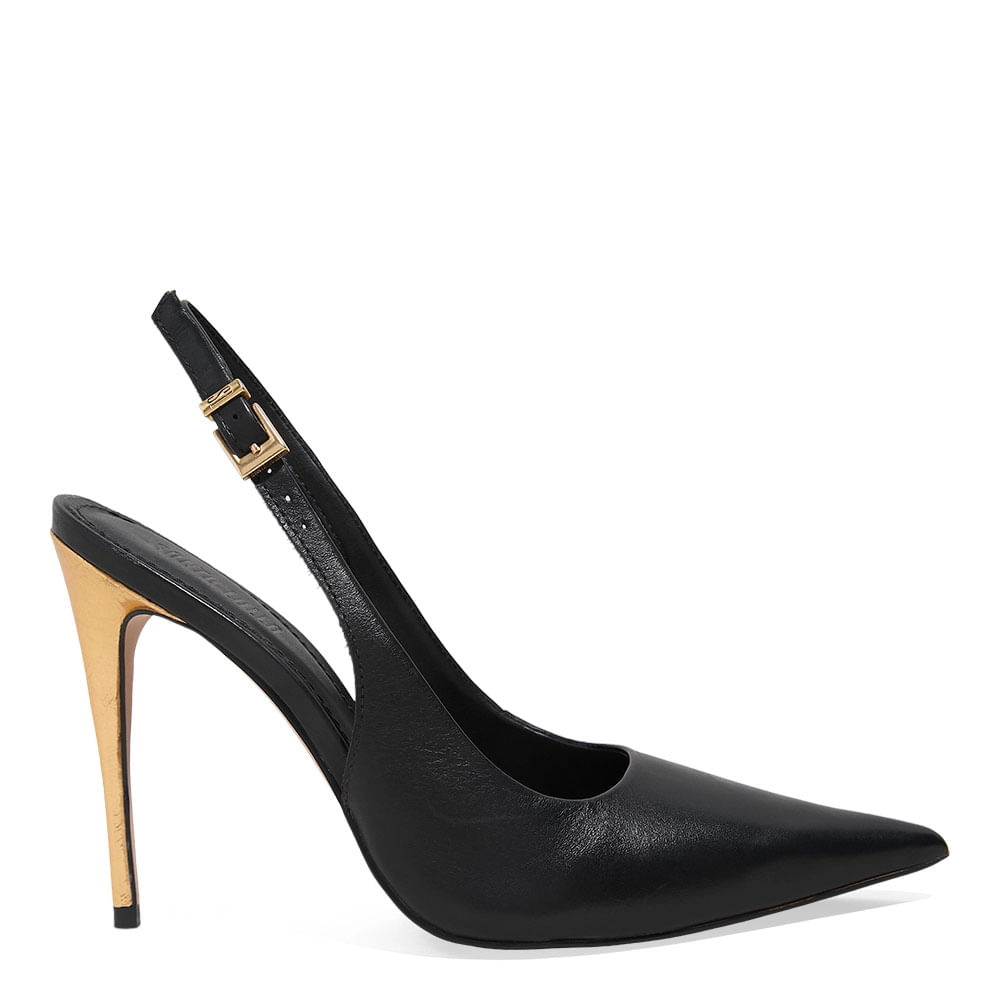Scarpin Slingback Couro Pelica Soft Preto Salto Alto Dourado