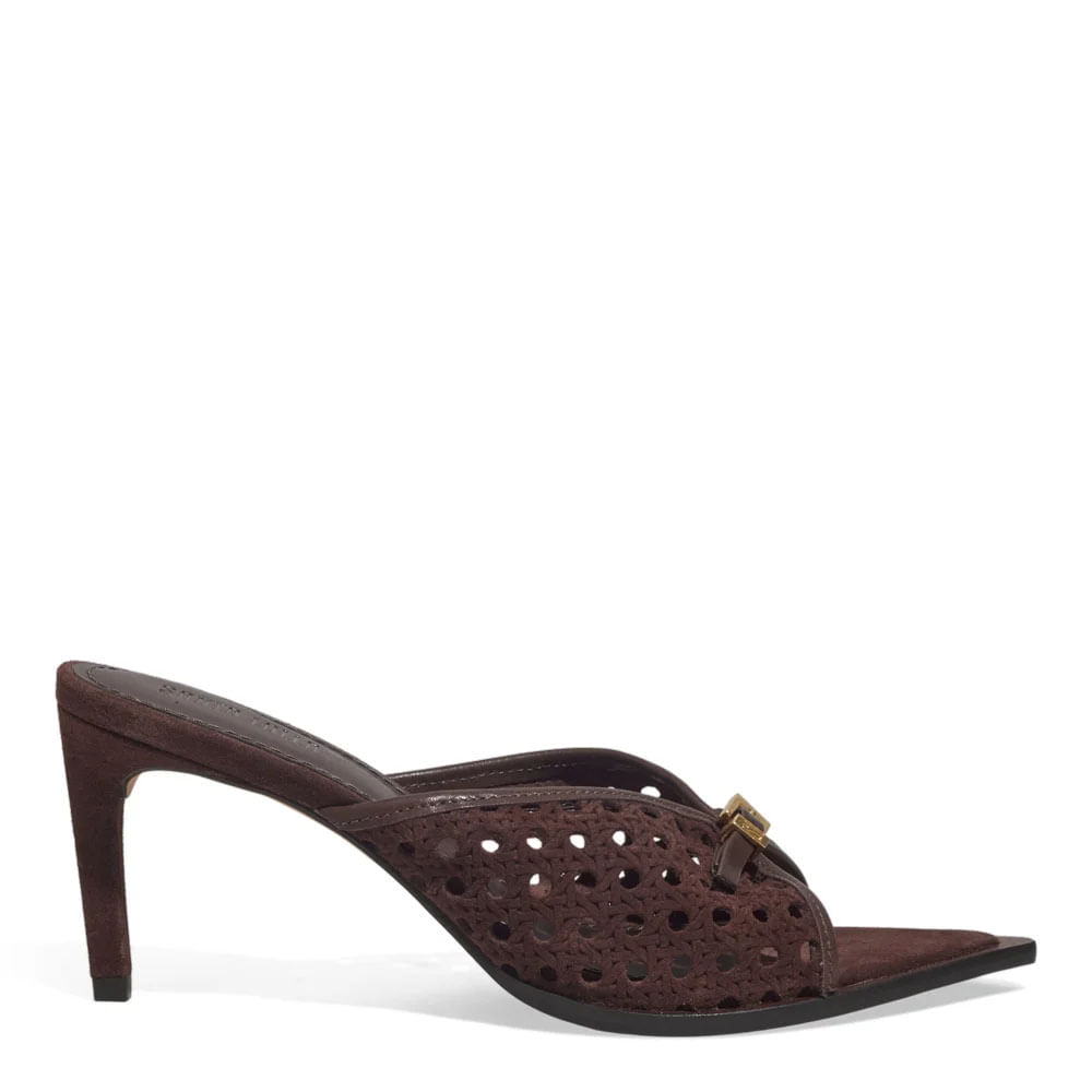 Mule Peep Toe Couro Camurça Tresse Salto Fino Marrom Dark