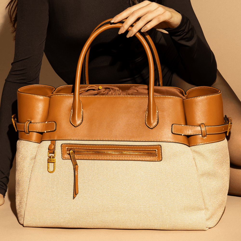 Bolsa Tote Grande Canvas Bege E Marrom Alça Dupla
