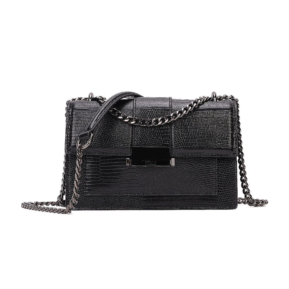 Bolsa Pequena Lizard Texturizada Alça Corrente Preto