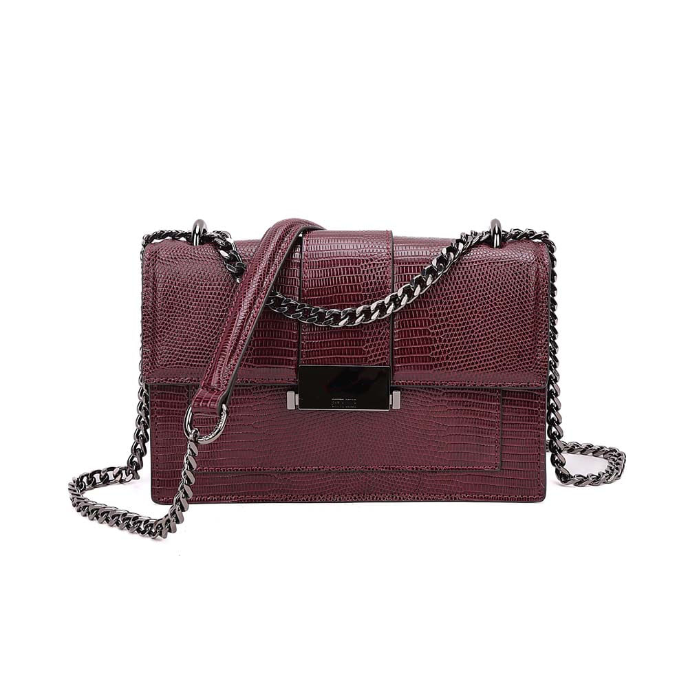 Bolsa Pequena Lizard Texturizada Alça Corrente Roxo Berry