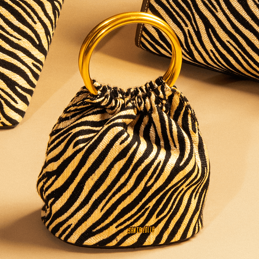 Bolsa Bucket Pequena Palha Zebra Alça Metal