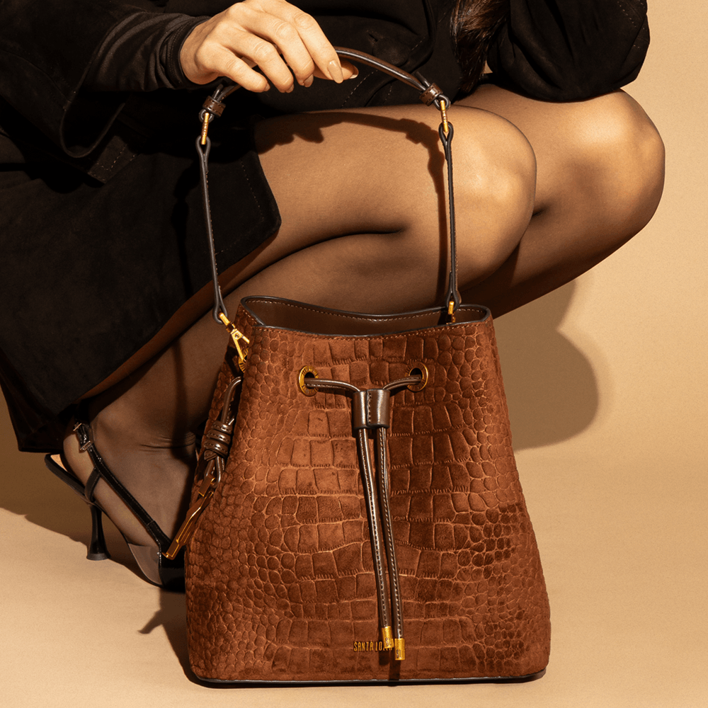 Bolsa Bucket Média Nobuck Croco Marrom Dark