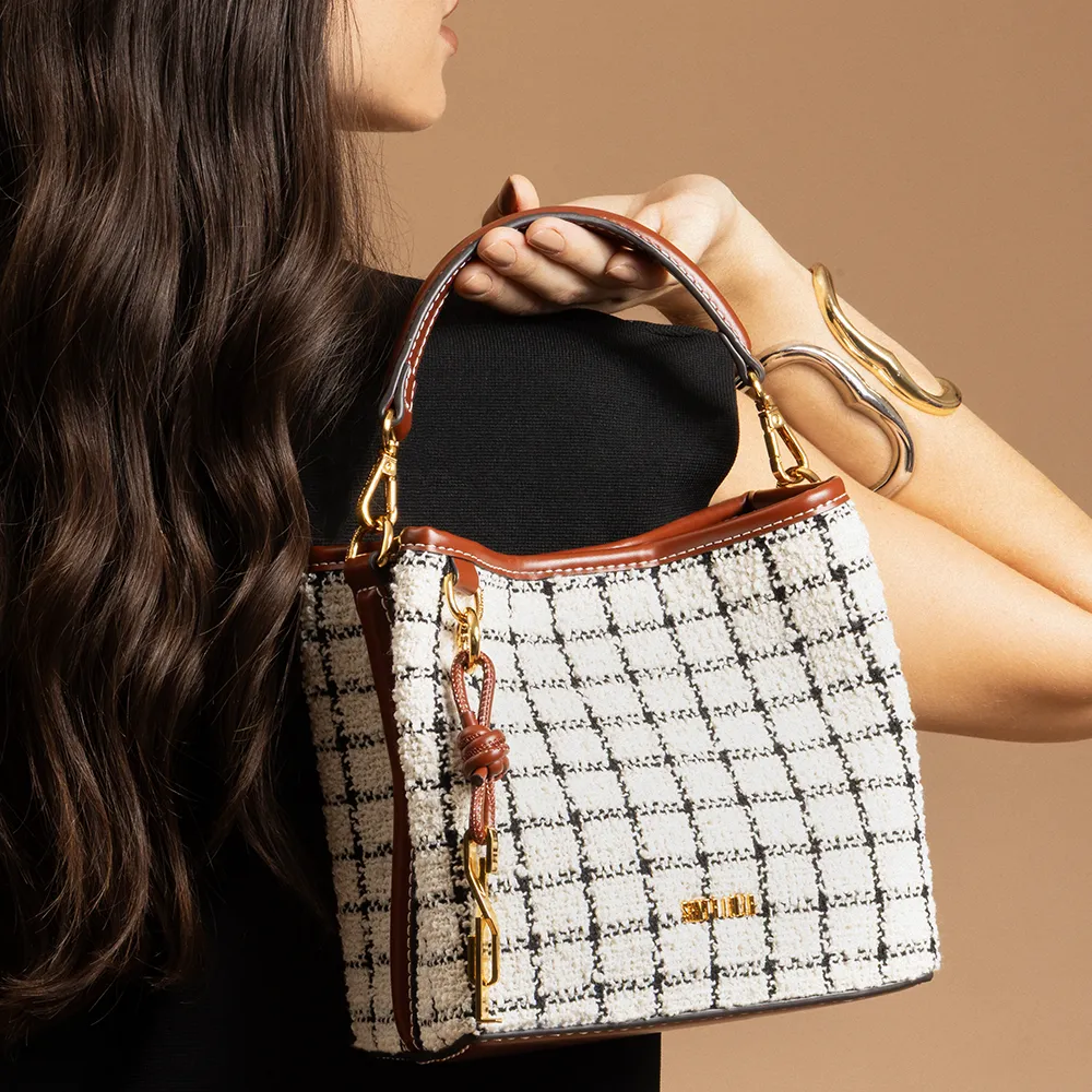 Bolsa Pequena Tramado Xadrez Marrom E Marfim