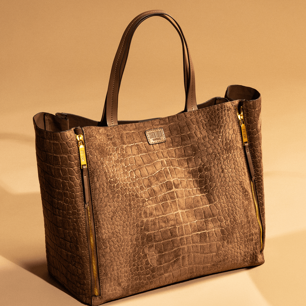 Bolsa Shopper Grande Croco Nobuck Bege Steel