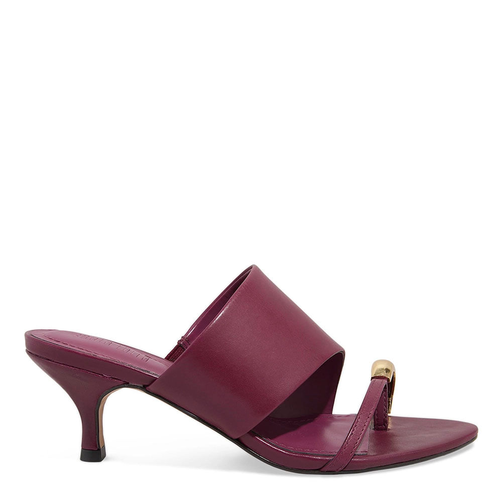 Mule Couro Nobre Roxo Beterraba Salto Baixo Fino
