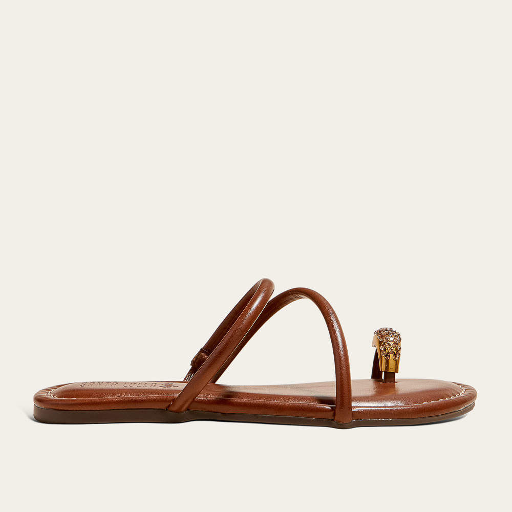 Rasteira Napa Bico Redondo Caramelo Toe Ring Brilho