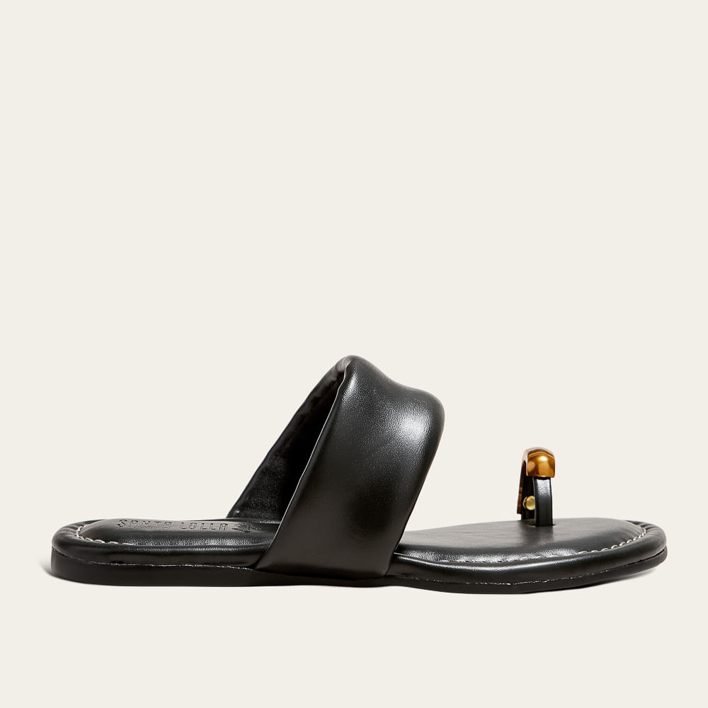 Rasteira Napa Preta Bico Redondo Metal Bold