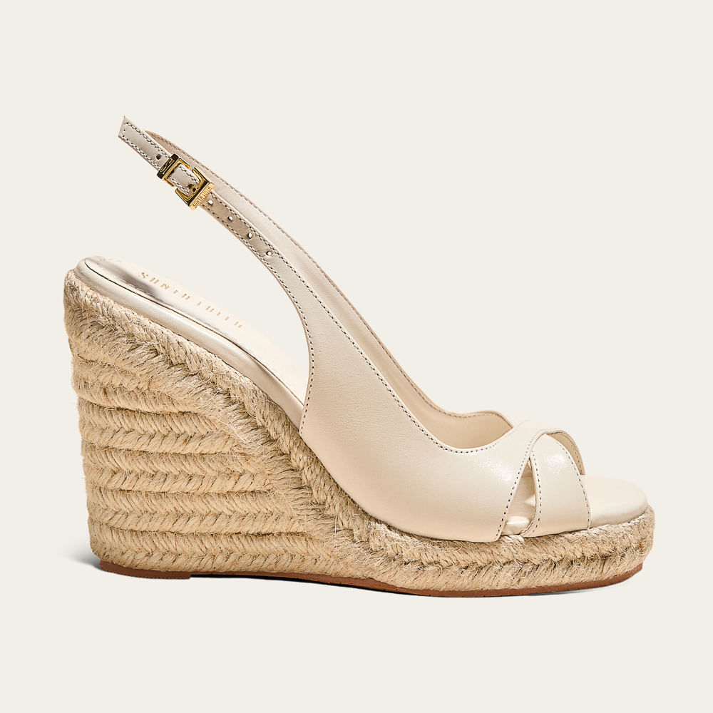 Sandália Espadrille Couro Confort Salto Anabela Off White