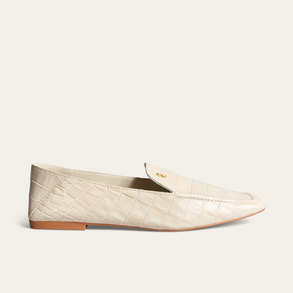 Mocassim Couro Croco Bico Quadrado Bege Marfim