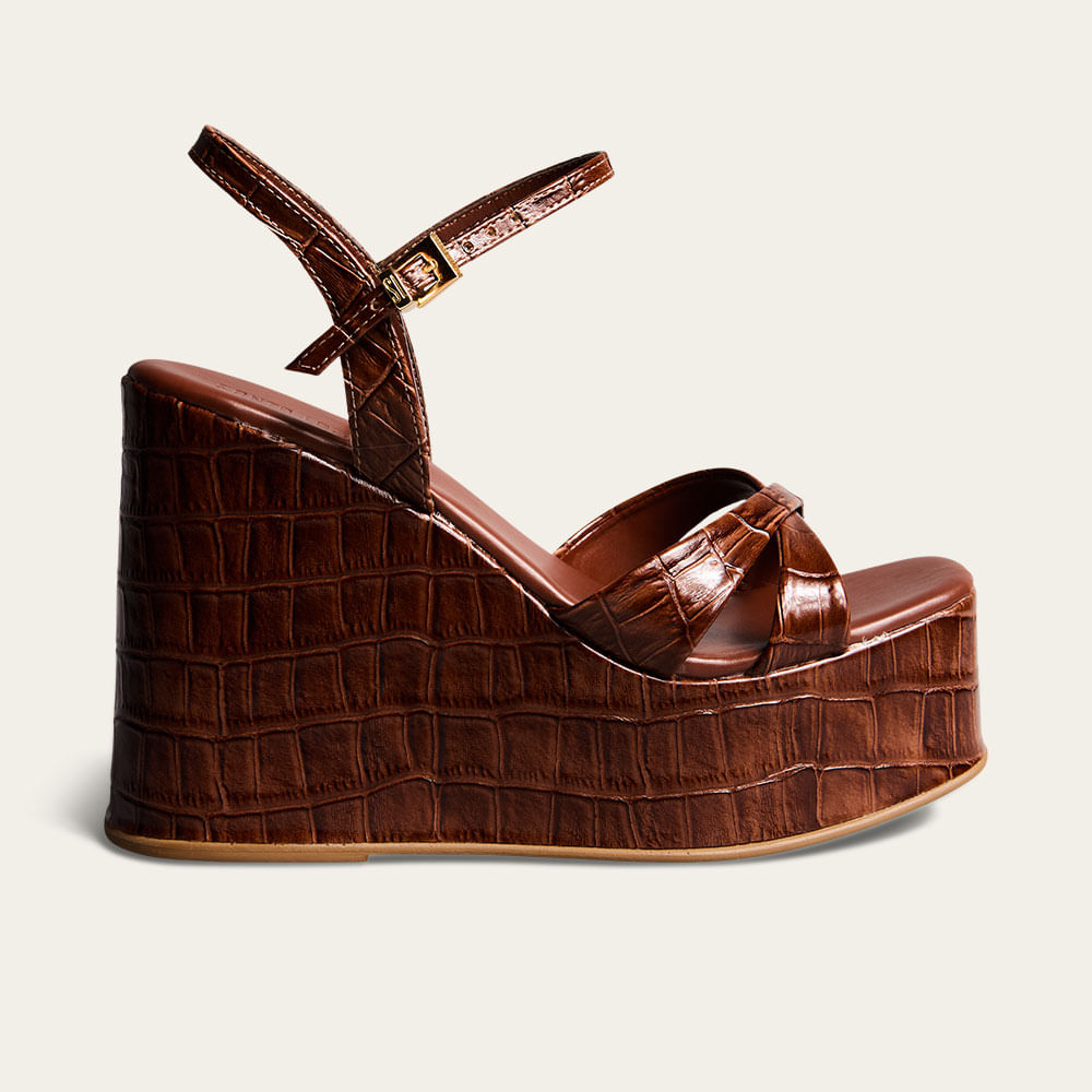 Sandália Plataforma Anabela Couro Croco Marrom Terracota