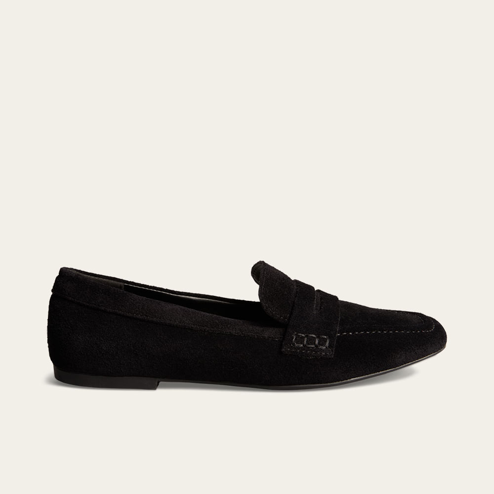 Mocassim Couro Camurça Bico Quadrado Preto