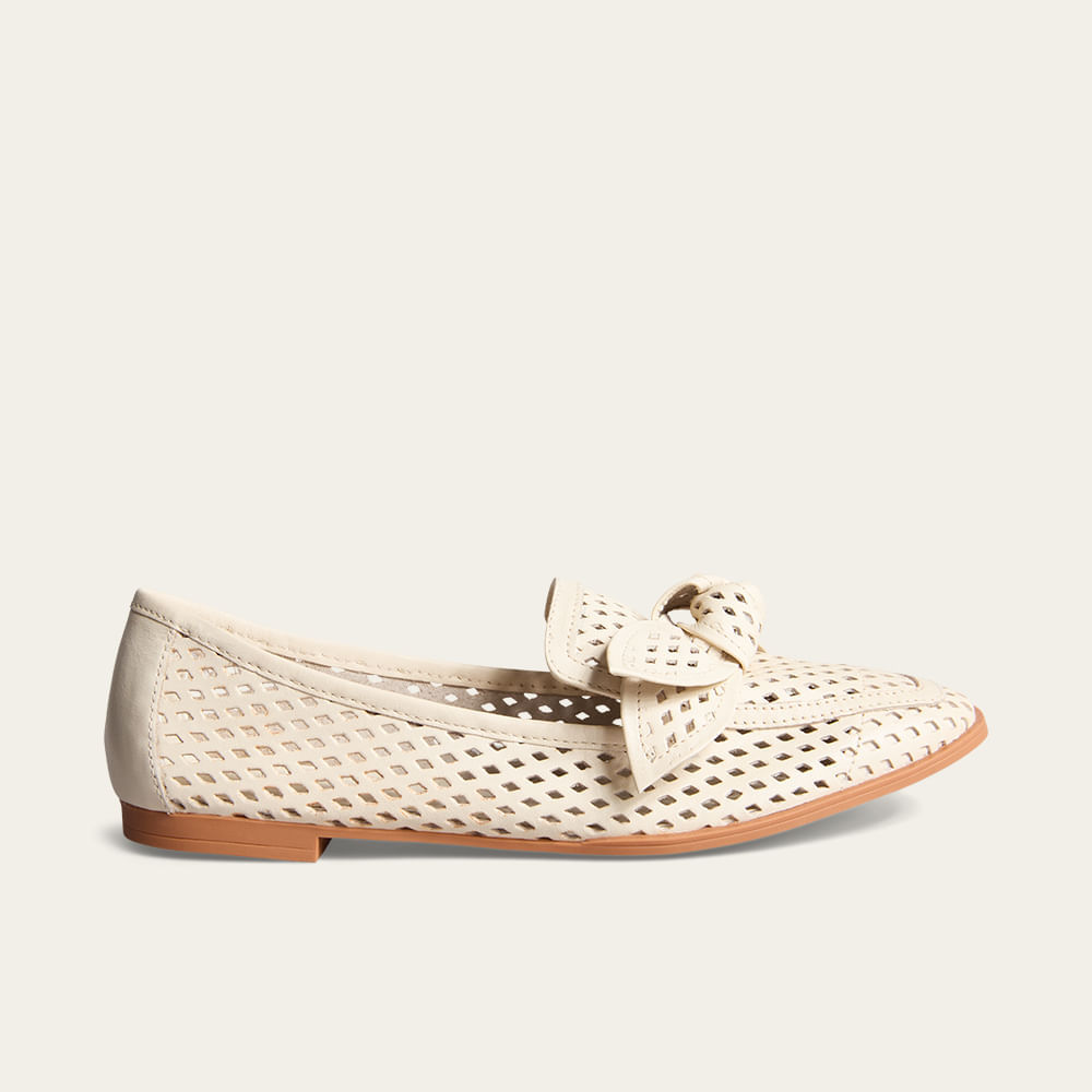 Mocassim Couro Nobre Soft Bico Quadrado Bege Marfim