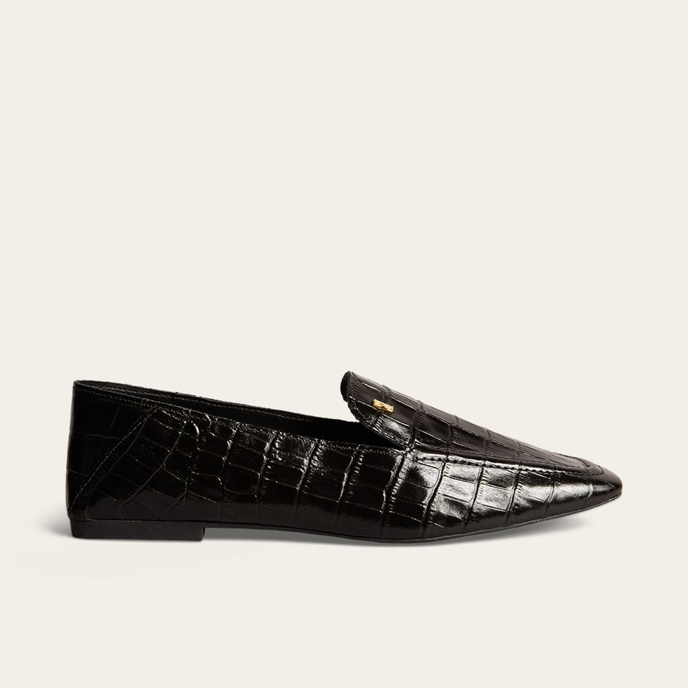 Mocassim Couro Croco Bico Quadrado Preto