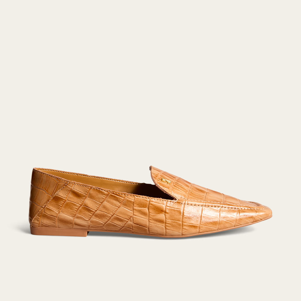 Mocassim Couro Croco Bico Quadrado Marrom Doce De Leite