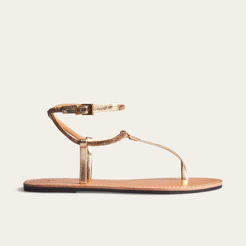 Rasteira Metalizada Soft Brilho Strass Dourado