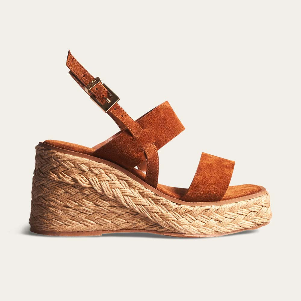 Sandália Espadrille Anabela Couro Camurça Marrom Camelo
