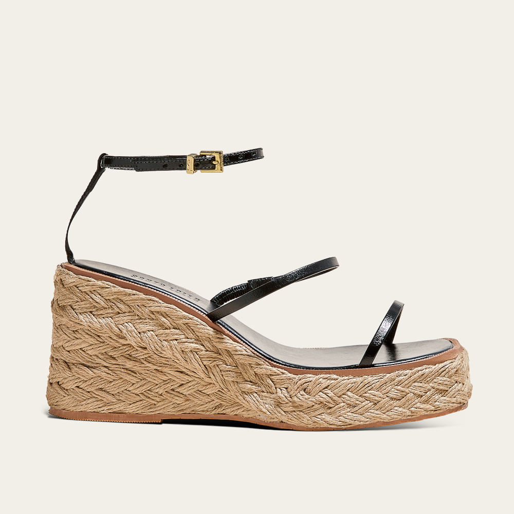 Sandália Espadrille Anabela Couro Confort Preta