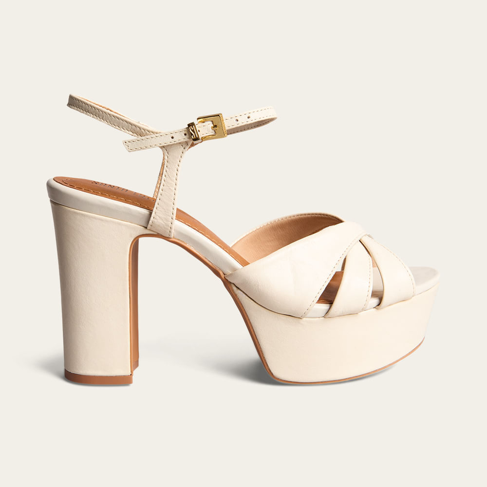 Sandália Plataforma Couro Nobre Soft Salto Grosso Off White Marfim