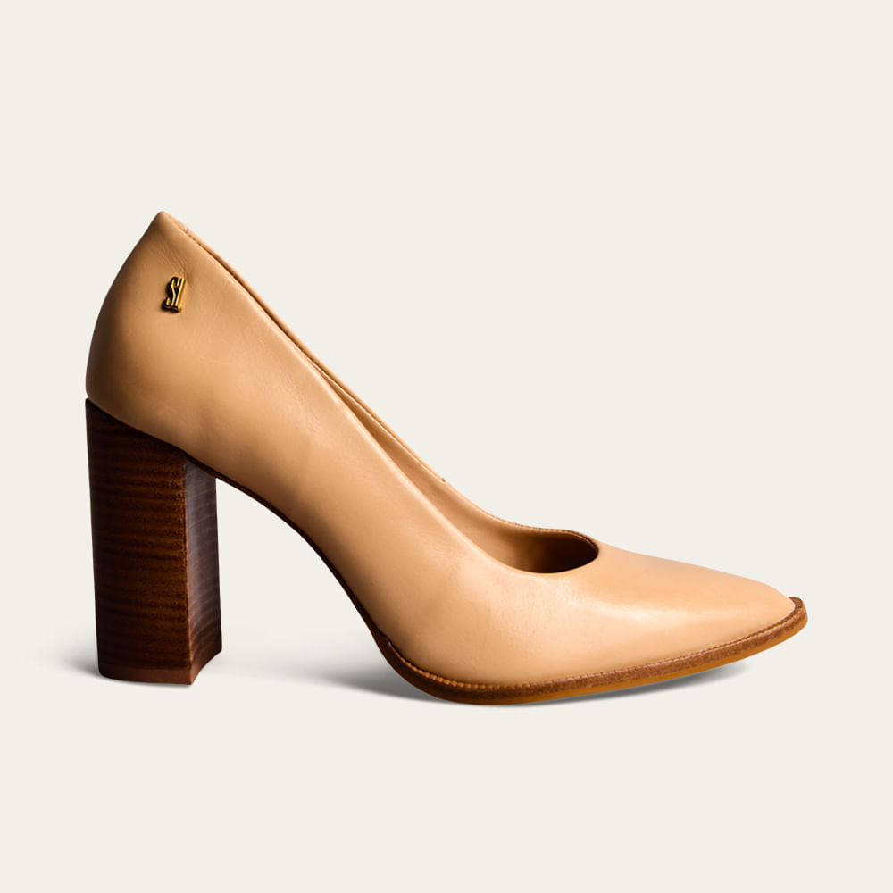 Scarpin Boneca Couro Nobre Soft Salto Alto Bloco Bege