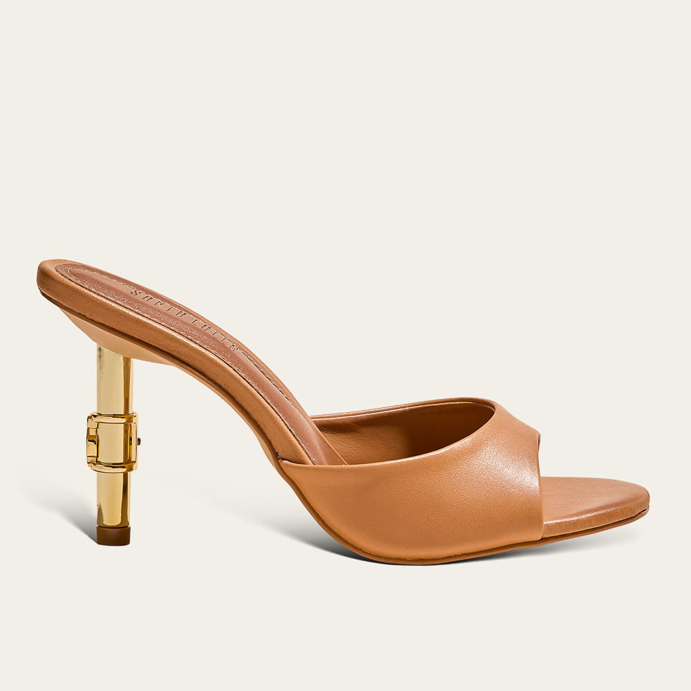 Tamanco Mule Couro Confort Salto Fino Metal Caramelo Doce de Leite