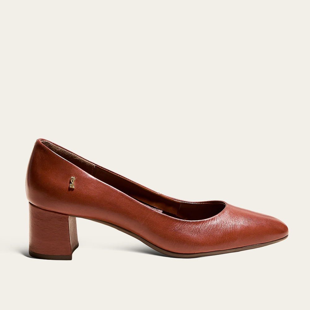 Scarpin Boneca Couro Salto Alto Bloco Marrom Terracota