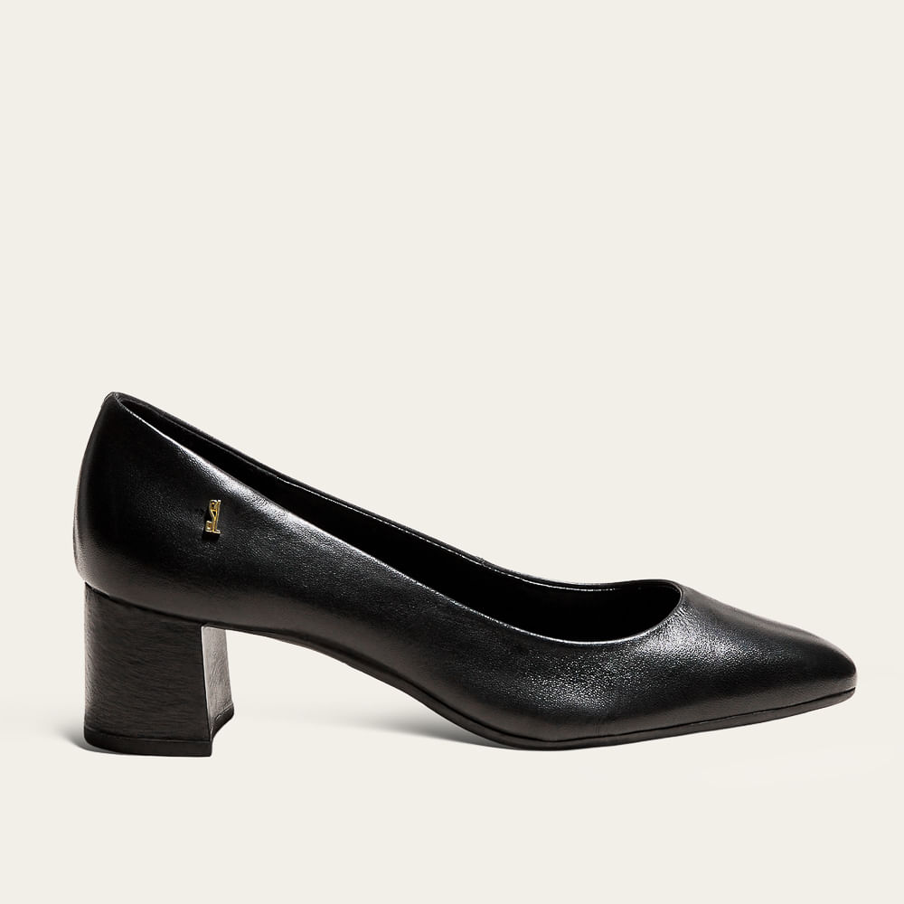 Scarpin Boneca Couro Salto Alto Bloco Preto