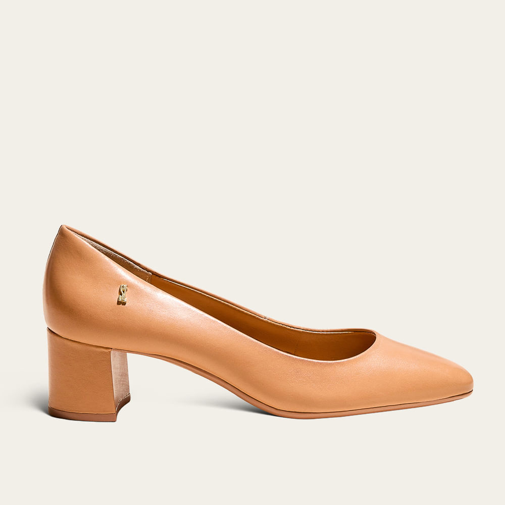Scarpin Boneca Couro Salto Alto Bloco Caramelo Doce De Leite