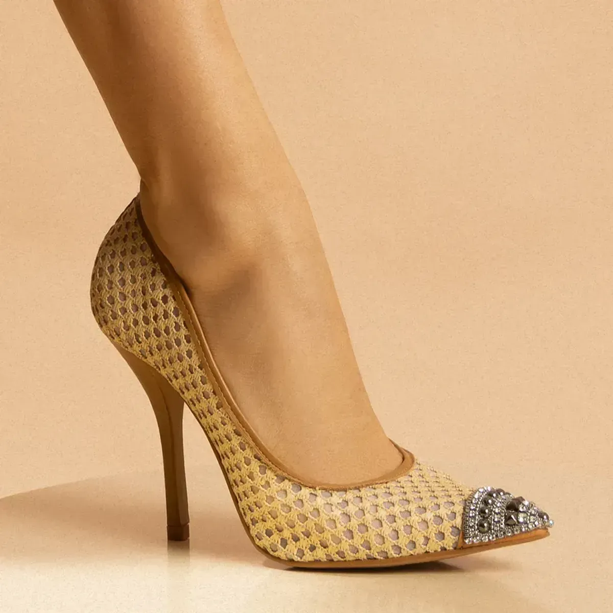 Scarpin Strass Salto Alto Fino Bege