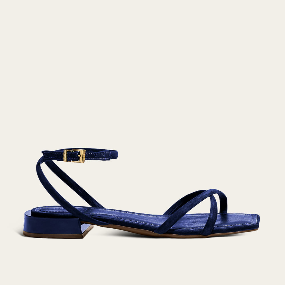 Rasteira Couro Camurça Bico Quadrado Azul Navy