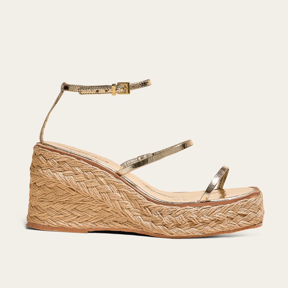 Sandália Espadrille Anabela Couro Metalizada Dourada